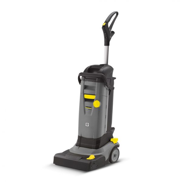 Kärcher BR 30/4 - Upright Scrubber Dryer with upright handle and controls, featuring a gray body with yellow accents.