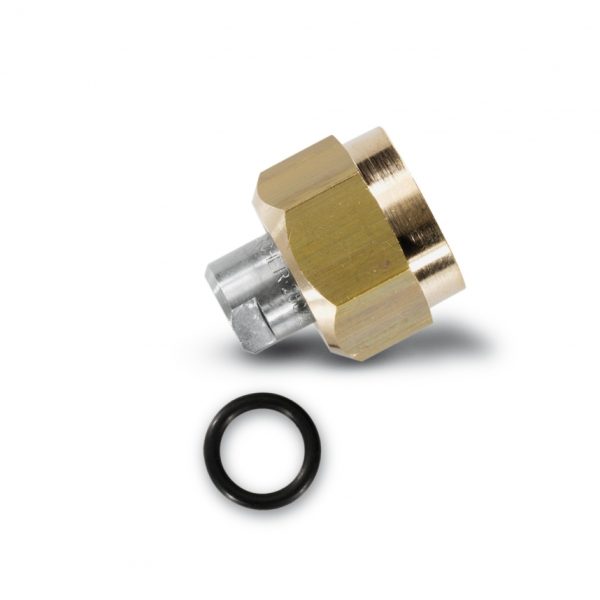 Brass and steel hexagonal adapter with a black o-ring, isolated on a white background, compatible with Patio Cleaner with nozzles to suit cleaning equipment.