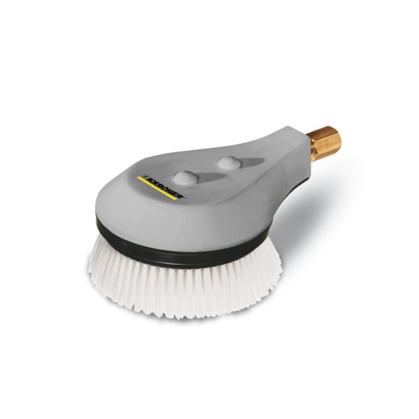 Gray Rotating Wash Brush with white bristles and a gold-colored connector, displayed on a plain white background. It is ideal for use with Kärcher cleaning equipment.