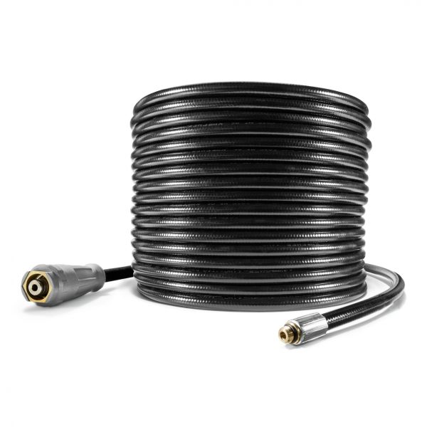 A coil of black Kärcher Drain Cleaning Kit, 30m Hose and Nozzles included with a metal connector on one end and a female fitting on the other, against a white background.