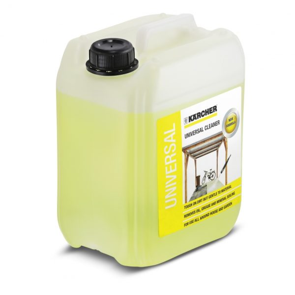 Plastic container of Universal Cleaner, 5 L with yellow label and black cap, isolated on white background.
