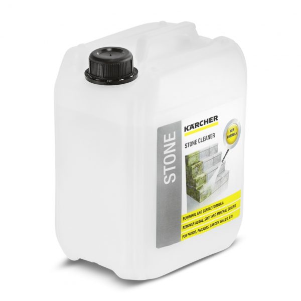 Plastic jug of Stone and Paving Cleaner, 5 L with label, on a white background.