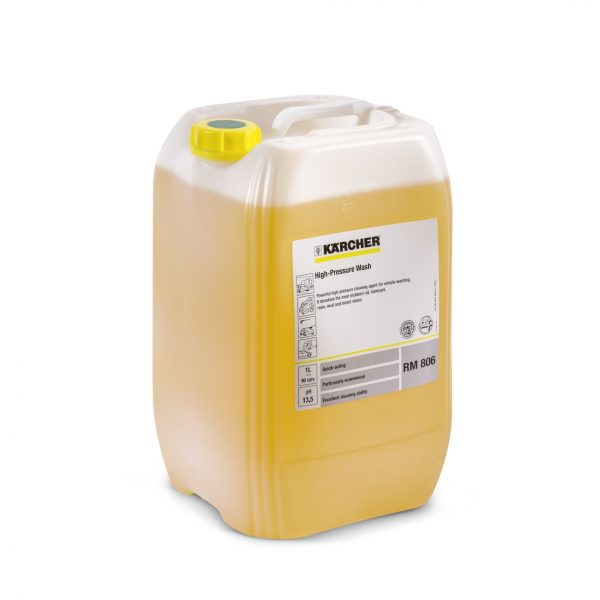 A yellow 20-liter Vehicle Pro Wash plastic canister for high-pressure washer detergent, available for Kärcher hire, isolated on a white background.