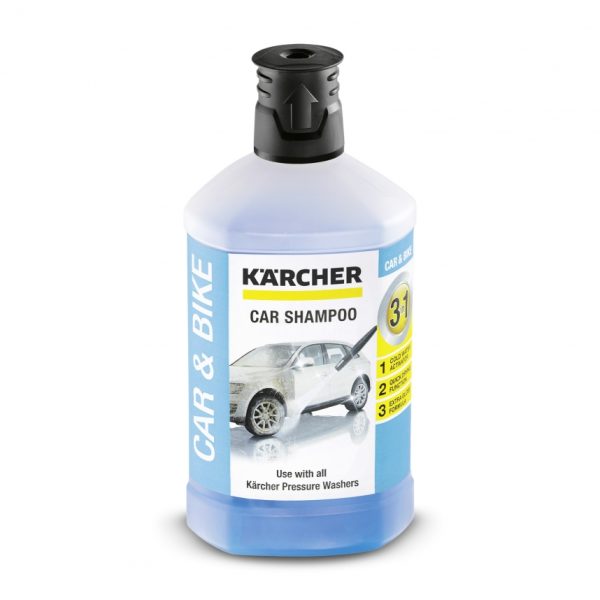 A bottle of Car Shampoo 3-in-1, 1 L labeled for use with pressure washers, displaying a car and bike image on the front, isolated on a white background.