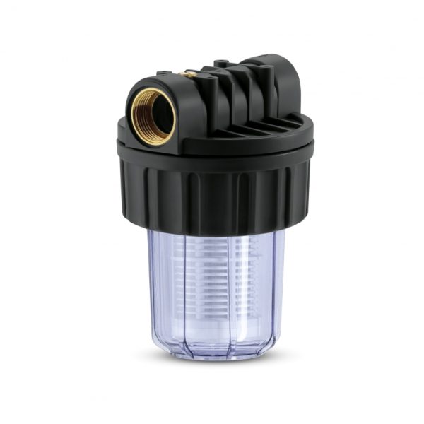 Inline water filter housing with black top, clear chamber, and brass fittings, suitable for Pump Prefilter, Small cleaning equipment, isolated on a white background.