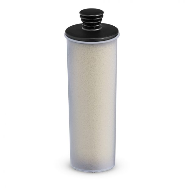 Transparent plastic cartridge filter with beige content and a black spray nozzle, isolated on a white background.