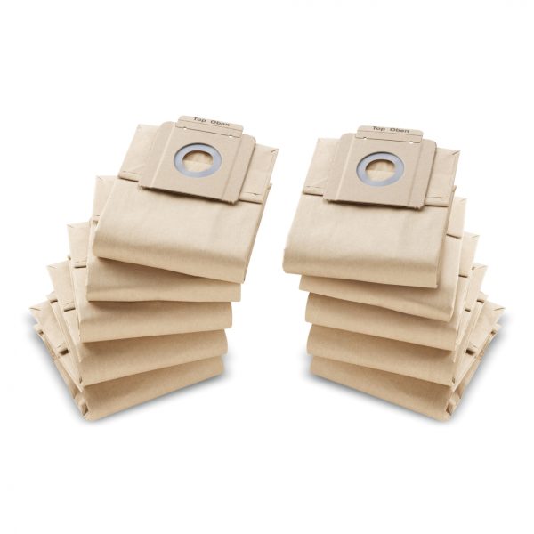 Two stacks of brown Paper Filter Bags x 10 for T 7/1, T 9/1, T 10/1 vacuum cleaner bags with circular openings, displayed on a white background.