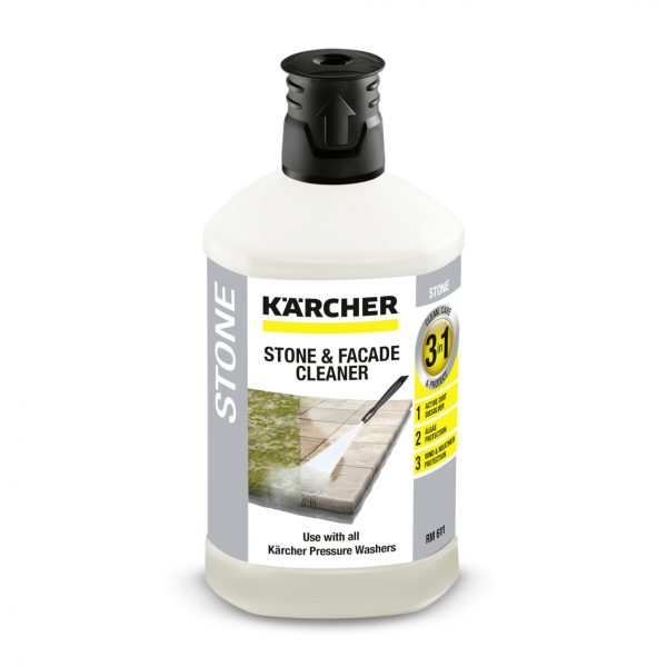 A bottle of 3-in-1 Stone Cleaner, 1 l labeled for use with all kärcher pressure washers, featuring a 3-in-1 formula.