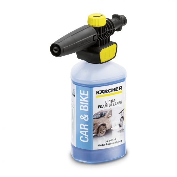 A Foam nozzle Connect 'n' Clean FJ10 C spray bottle with attached black and yellow nozzle, labeled as "Ultra Foam Cleaner" for cars and bikes.