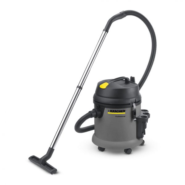 A NT 27/1 - Wet & Dry Vacuum Cleaner with a black suction hose and a floor nozzle, available at your local Kärcher Centre, isolated on a white background.