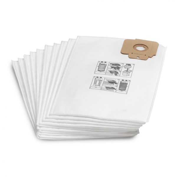 A stack of white, folded newspapers with a Fleece Filter Bags x10 for CV 30/1, CV 38/1 cardboard header that displays images of comic strips.