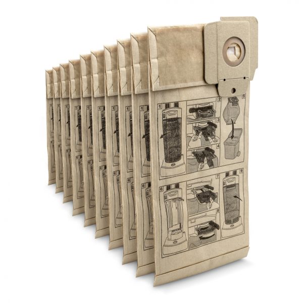 A row of vintage Paper Filter Bags x10 for CV 30/1, CV 38/2 vacuum cleaner advertisements printed on lined paper tags, displayed in perspective view on a white background.