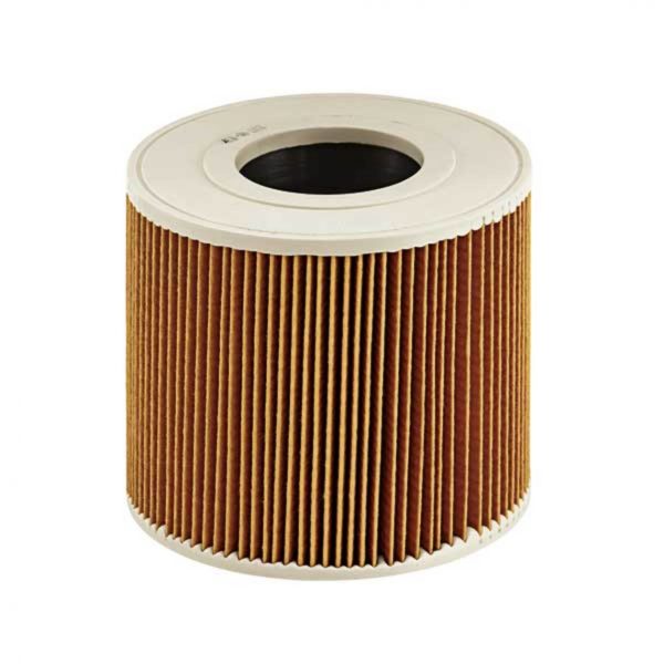 A cylindrical Cartridge filter with pleated brown paper and white plastic end caps, isolated on a white background.