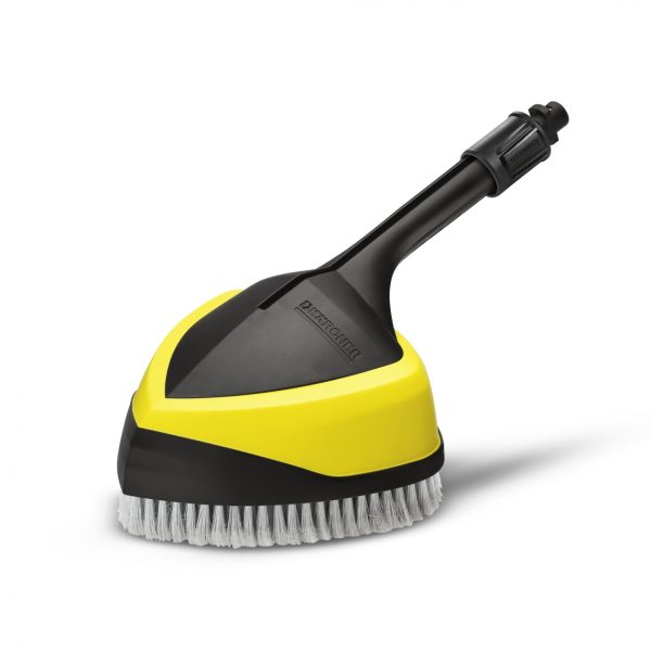 A handheld, yellow and black WB 150 power brush with a water hose attachment, isolated on a white background.