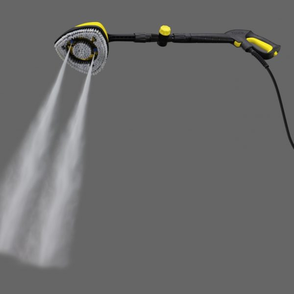 A modern handheld WB 150 power brush with a flexible hose, dispensing water, mounted against a gray background.