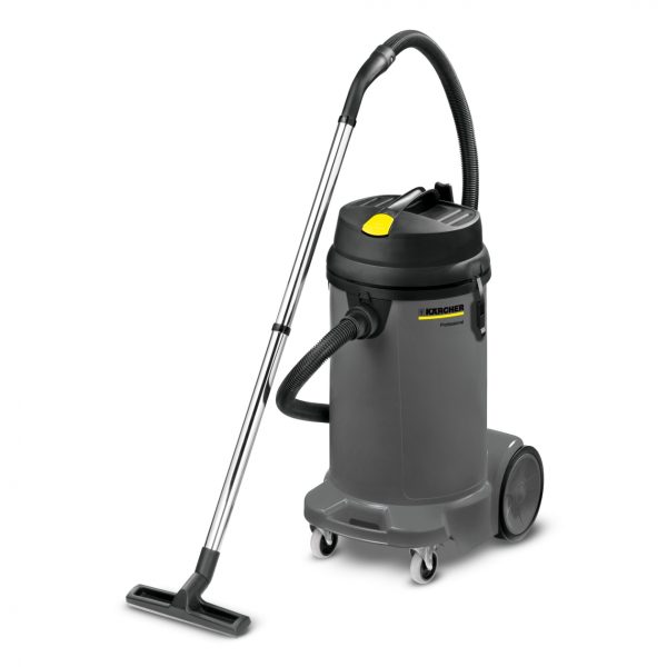 A professional NT 48/1 wet and dry vacuum cleaner with a metallic suction tube and floor nozzle on wheels, ideal for Kärcher hire.
