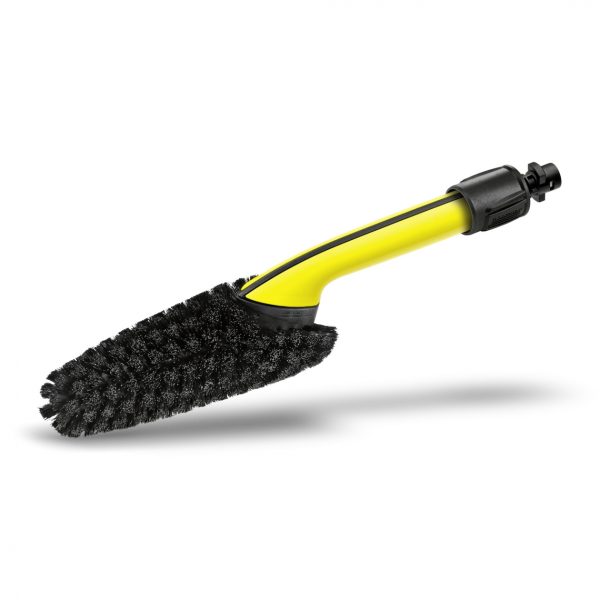 Yellow and black wheel washing brush with a water hose attachment, shown against a white background.