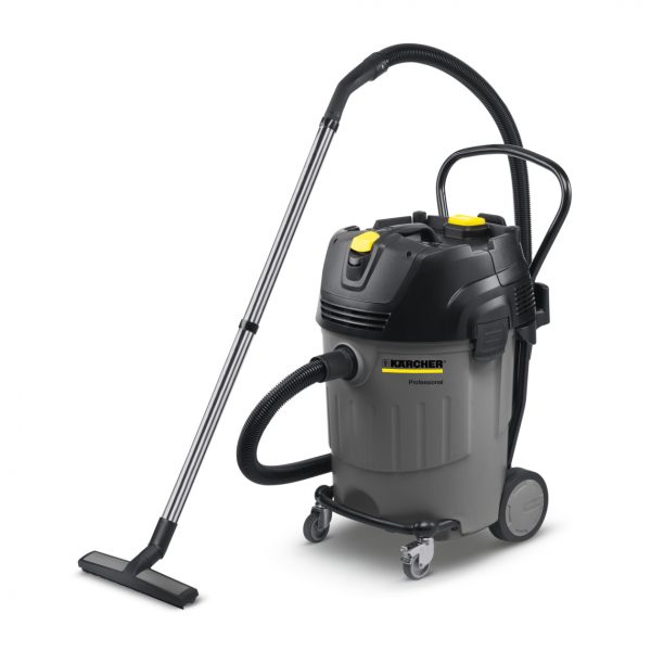Industrial NT 65/2 AP - Wet & Dry Vacuum Cleaner with a flexible hose and floor nozzle, mounted on wheels for mobility, available for hire in Exeter Devon, isolated on a white background.