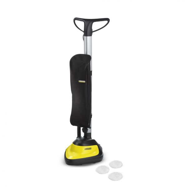 An upright yellow and black Kärcher FP303 Floor Polisher with a black fabric bag attached, displayed on a white background with three white polishing pads in front.
