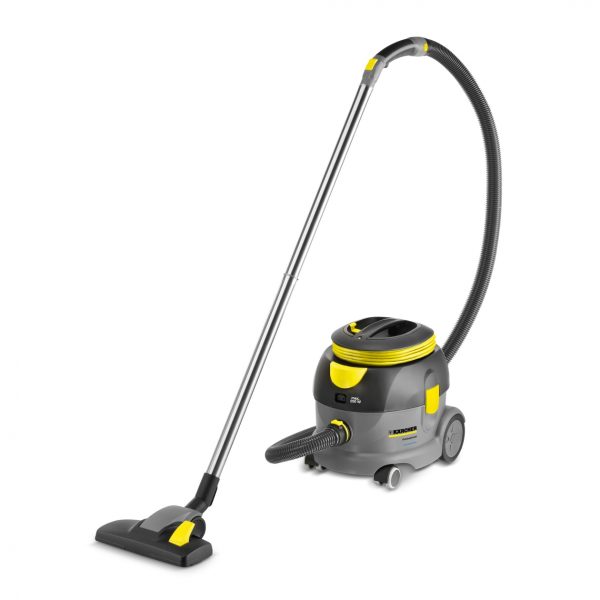 A modern T12/1 ECO - Dry Vacuum Cleaner with a gray and yellow design, featuring a long hose and a metal wand, showcased at the Kärcher Centre, isolated on a white background.