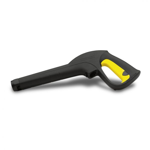A black and yellow G 160 Replacement Pressure Washer Gun with a sleek, ergonomic design, isolated on a white background.