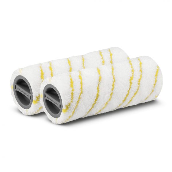 Two new white Yellow roller set paint roller covers with yellow stripes, isolated on a white background.