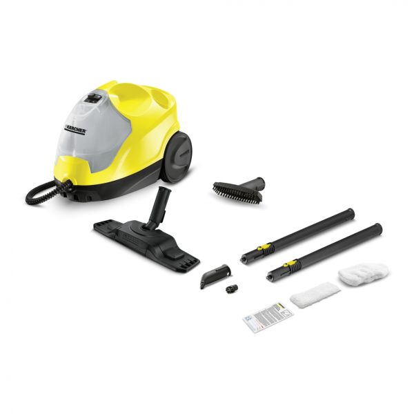 A Kärcher SC4 Easyfix Steam Cleaner with various attachments and accessories spread out, including nozzles, brushes, and a manual.
