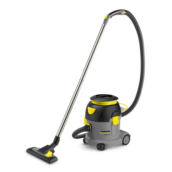 A modern gray and yellow T10/1 -Dry Vacuum Cleaner canister vacuum cleaner with a metal telescopic wand and floor attachment, isolated on a white background.