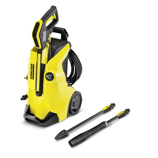Yellow and black K4 Power Control Pressure Washer for hire with hose and multiple nozzle attachments on a white background.