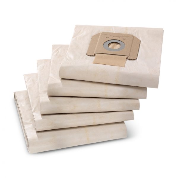 A stack of five Paper Filter Bags x5 for NT 48, NT 65, NT 70 made of paper, each featuring a circular cardboard collar.