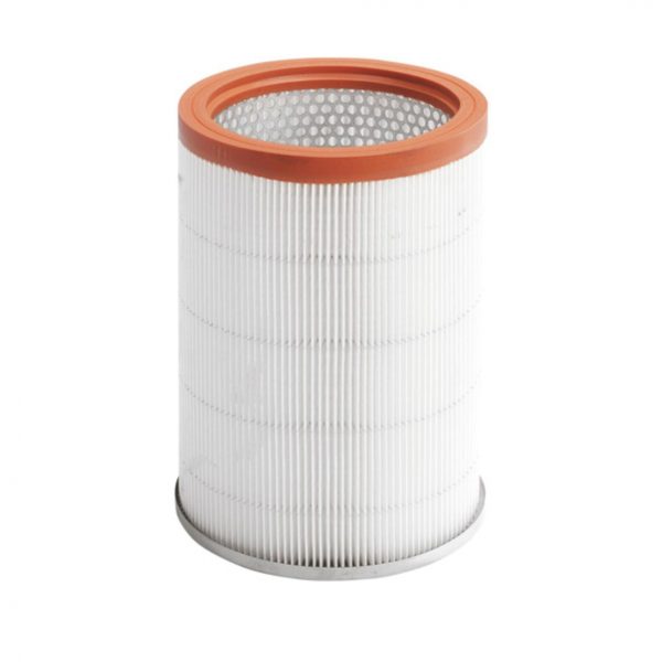 A cylindrical Kärcher cartridge filter, paper with a white pleated design and orange rubber seals on the top and bottom, isolated on a white background.