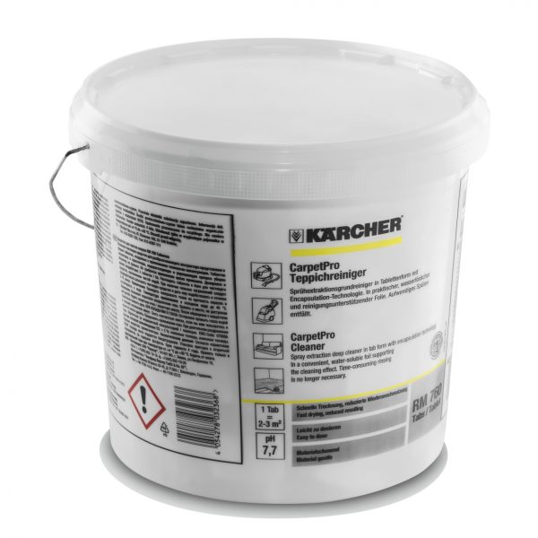 A plastic bucket of RM 760 CarpetPro Cleaner Tablet, part of the Kärcher hire range, with product information and hazard symbols visible on the label, isolated on a white background.