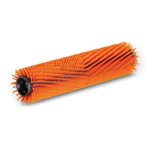 Orange cylindrical roller brush with dense bristles on a white background, available for Kärcher hire.