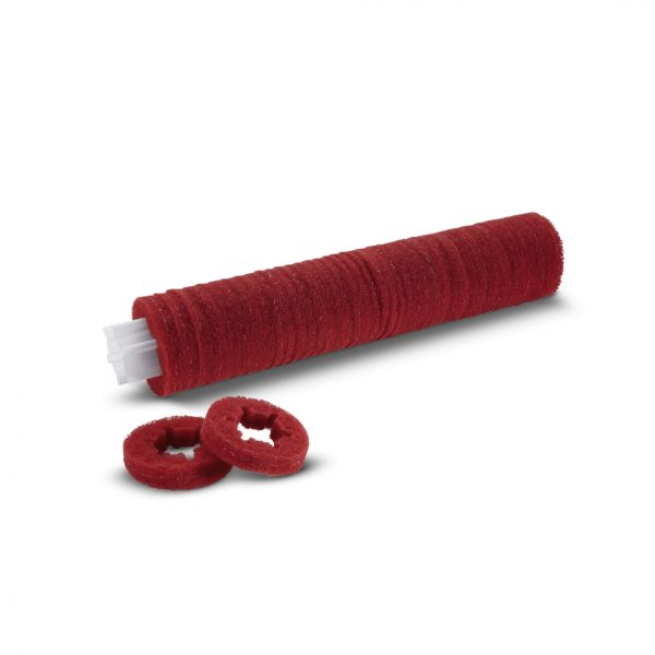 Red Roller Pads Inc Shaft of various sizes lying on a white background at a Kärcher Centre.