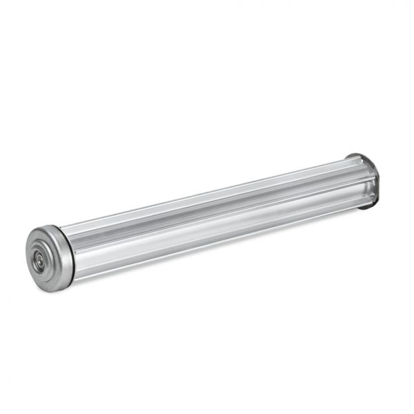A clear acrylic rolling pin with a metal cap on one end, available for Red Roller Pads Inc Shaft hire, isolated on a white background.