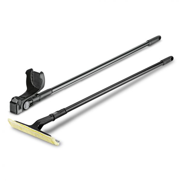 Two Extension sets for Window Vac from Kärcher; one with a clamp for grabbing and one with a yellow flat mop head, isolated on a white background.