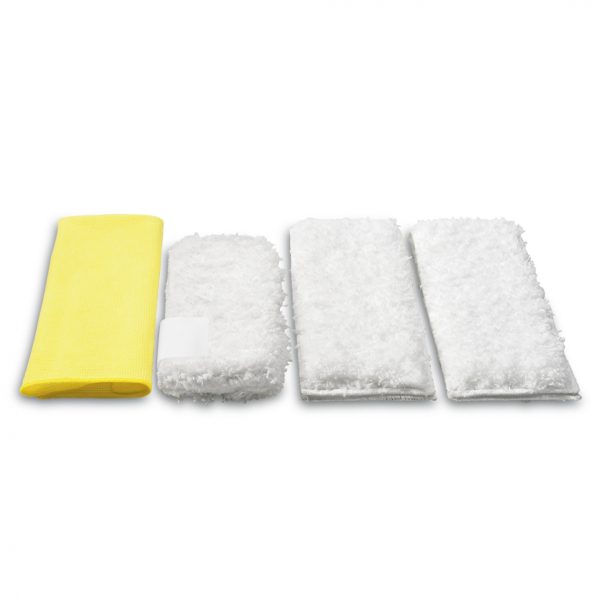 Four cleaning cloths arranged on a white background, including one yellow Microfiber cloth kit for kitchens and three white textured cloths.