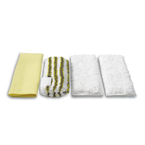 A Microfiber cloth kit for bathrooms including a yellow microfiber cloth and three white mop pads, one with green and yellow stripes, isolated on a white background.