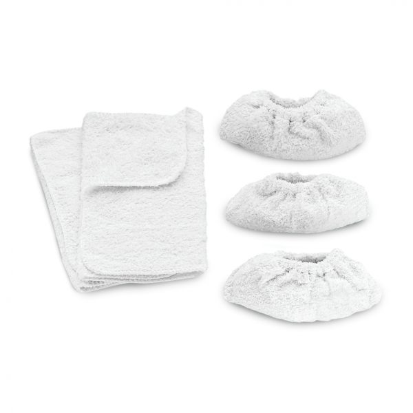 Three folded mixed cloth sets and three matching white bath slippers on a white background.