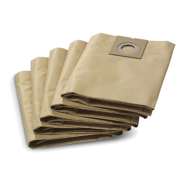 A stack of folded beige Paper Filter Bags x5 for NT 27/1 with one bag displayed on top showcasing a circular cardboard collar.