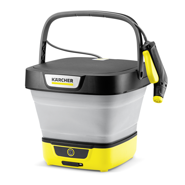 A portable OC3 Foldable Mobile Cleaner in yellow and black with a collapsible bucket and spray gun attachment.